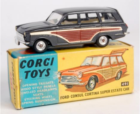 Corgi Toys, 491 Ford Consul Cortina Super Estate car, metallic dark grey body with brown and cream side panels, spun hubs wit