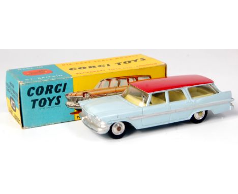 Corgi Toys, 219 Plymouth Sports Suburban Station Wagon, light blue body with silver detailing, yellow interior with spun hubs