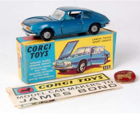 Corgi Toys, 332 Lancia Fulvia Sport Zagato, metallic blue body with light blue interior, in the original blue and yellow all-