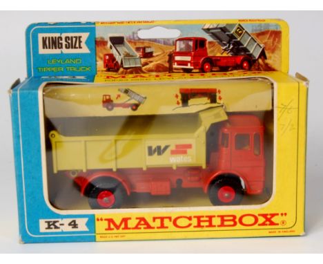 Matchbox, Kingsize K-4-3 Leyland tipper truck 'W. WATES', orange cab, lime green tipper back, red hubs, small tear on one box