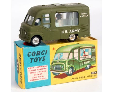 Corgi Toys, 359 Commer army field kitchen, military green body with light blue interior, US Star on roof with standing attend