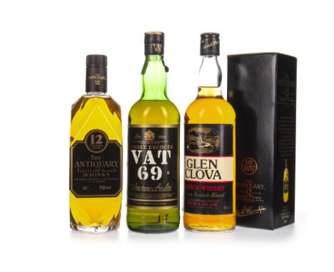 ANTIQUARY 12 YEARS OLD Blended Scotch Whisky 750ml, 43% volume, in carton. GLEN CLOVA Blended Scotch Whisky 75cl, 40% volume.
