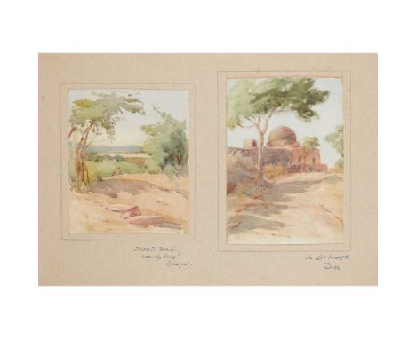album of pencil sketches, maroon half morocco gilt, 26 x 20cm, with the bookplate of Violet Jacob, comprising 22 captioned an
