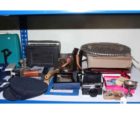 Hacker radio, portable typewriter, Hilkinson cased binoculars, three brollies, bookends, seashells, postcard and photograph a