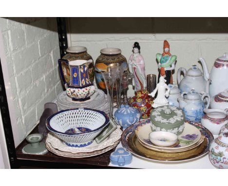 Pair of Oriental vases, figures, three pieces blue and white eggshell tea set, pair of ginger jars, part Continental tea serv