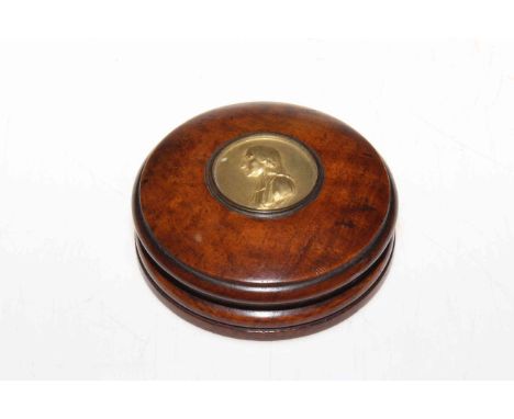 Treen John Wesley table snuff box, with relief inset portrait, 13cm diameter.