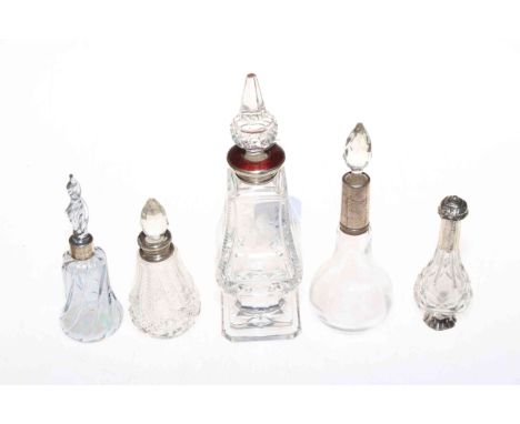 Silver and enamel mounted scent bottle, London 1929, silver topped trinket jar and hair tidy, four more scent bottles, overla