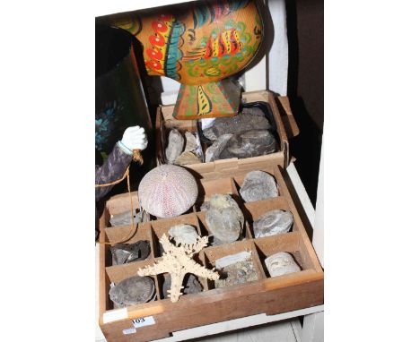 Baroque nursery tea set (boxed), fossils, seashells, copper cauldron, anniversary clock, clown and frog figures, table lamp, 