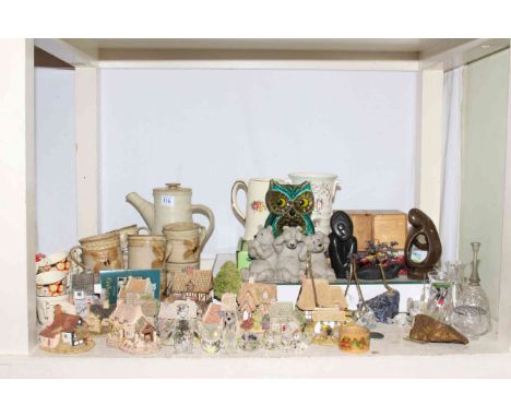 Full shelf of glass and china including Elizabethan white tableware, Lilliput Lane cottage, Swarovski glass ornaments, Crown 