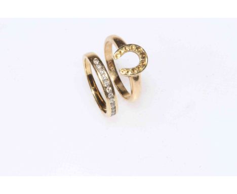 Two small 18 carat gold rings, one set with diamonds, the other horse shoe, sizes I and K.