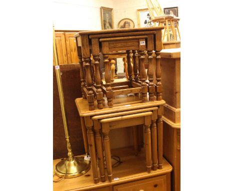 Oak nest of three turned leg tables, pine nest of three turned leg tables and brass finish standard lamp and shade (3).