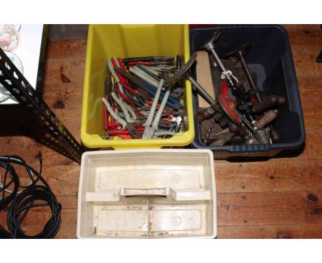 Extensive collection of hand tools including brace and bits, assorted hammers and saws, boxes of spanners, boxes of chisels, 