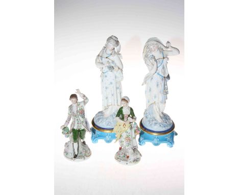 Pair Continental figures of maidens holding posies, raised on moulded bases, 32cm.Condition: Both bases with repairs; Togethe