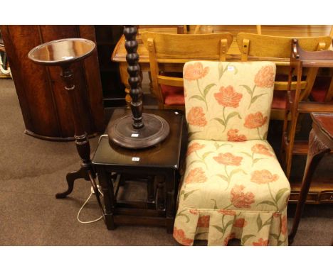 Nest of three oak tables, bobbin column standard lamp and shade, mahogany tripod plant stand, occasional chair, Bevan &amp; F