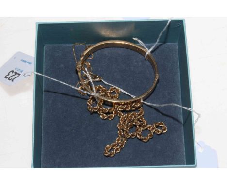 9 carat gold rope twist necklace 46cm, engraved bangle, and, fine necklace (3).