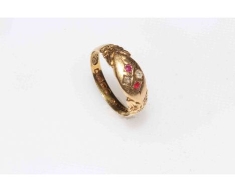 18 carat gold ruby and diamond gypsy set ring, Birmingham 1906, size P/Q.
