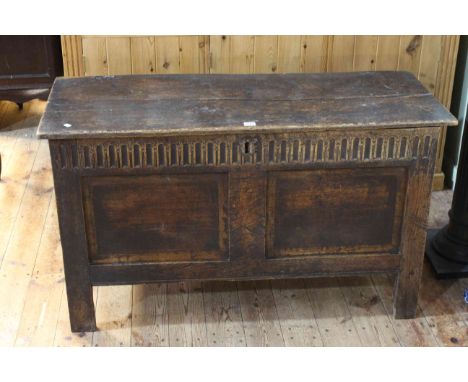 Antique oak double panel front coffer, 67cm by 144cm by 46cm.Condition: Splits to lid.