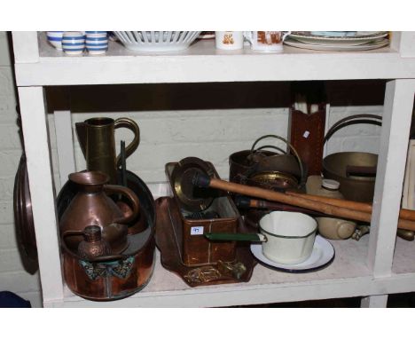 Full shelf of collectables including copper and brasswares, collar boxes, inlaid candle box, jewellery cabinet, pictures, fis