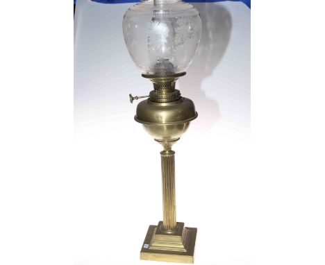 Brass column oil lamp, having brass reservoir and etched glass shade.