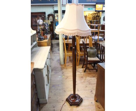 1920's/30's Art Deco mahogany standard lamp having tapered hexagonal column on hexagonal base and silk shade, 185cm to top of