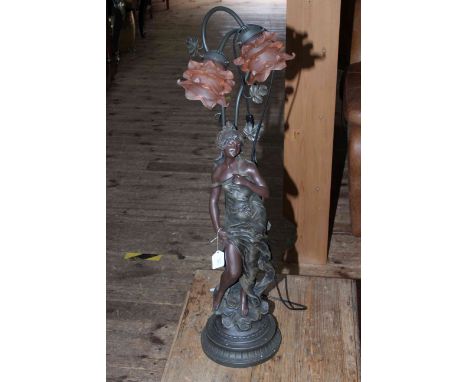 Large resin figure table lamp with pink glass shades, 98cm.