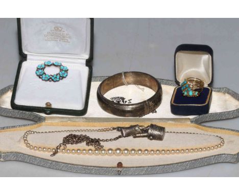18 carat gold, turquoise and diamond ring, Chester 1902, size N; Turquoise five shank ring, turquoise brooch, silver bangle, 