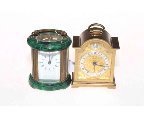 Small oval part malachite enamelled/painted gilt brass carriage clock 11cm to top of handle, and Swiza boudoir clock (2).
