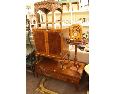 Fountainbleau low centre table, burr walnut television cabinet, rattan side table, tripod wine table, limed oak occasional ta