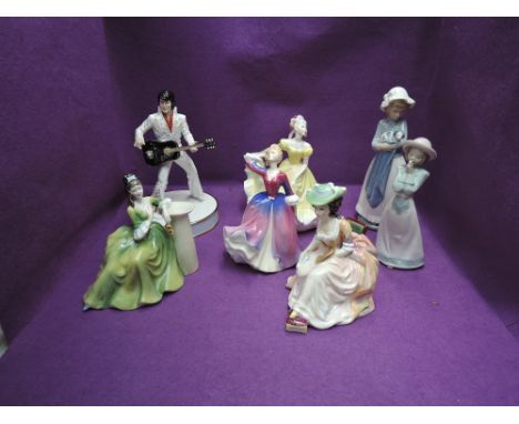 Five Royal Doulton figurines, Melissa HN2467, Kathleen HN2933, Ninette HN2379, Secret Thoughts HN2382 and Elvis Vegas EP3 alo