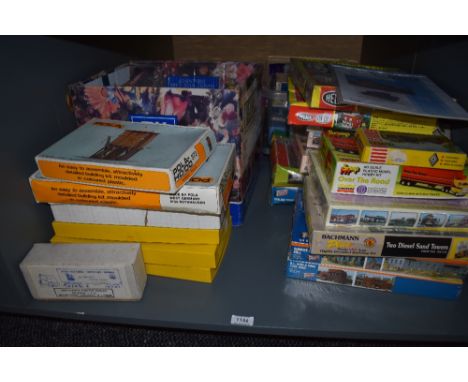 Two boxes of HO scale accessories and kits including Walthers, Woodland Scenics, IHC and simailar