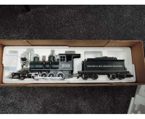 A Delton Locomotive Works G scale Denver &amp; Rio Grand Western 2-8-0 steam loco &amp; tender 283 boxed, stock number 2225