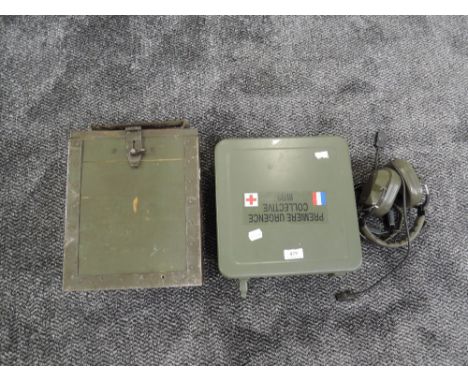 A French Army steel medical box, a pair of Military headphones and throat mike and a three compartment military wooden cased 