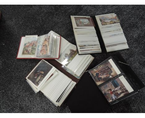 Four modern postcard albums containing art cards including Yorkshire, Scotland, oilettes, approximately three hundred