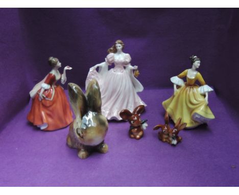 Two Royal Doulton figurines, Stephanie HN2807 &amp; Flower Of Love HN3970, A Royal Worceter figurine, Sophie, Two Goebel stud
