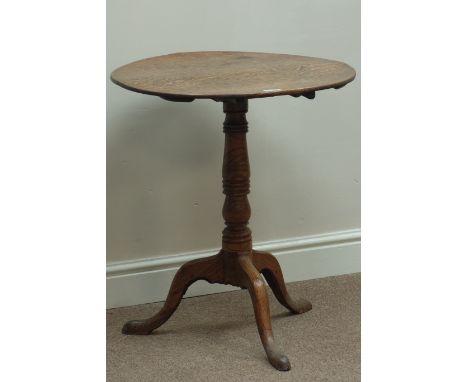 18th century circular oak tilt top table, on turned elm tripod base, D58cm, H67cm   Condition Report   Click here for further