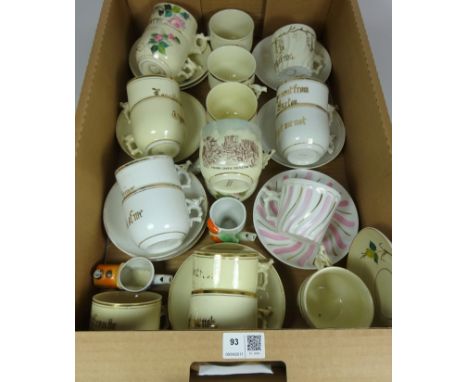 Collection of Victorian Souvenir and whistle cups and saucers and other Victorian ceramics in one box      Condition Report  
