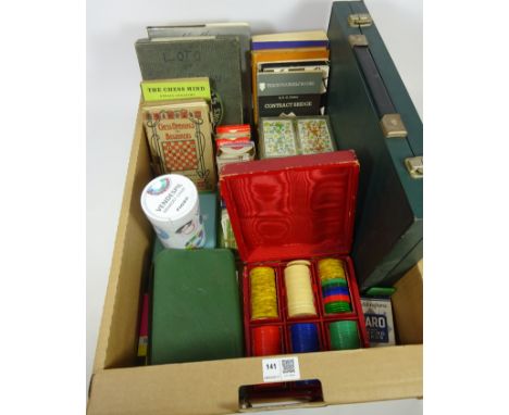 Vintage poker chips, cased, Vintage playing cards and games etc in one box    Condition Report   Click here for further image