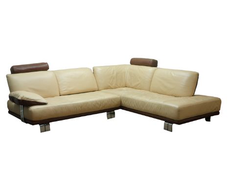 Large two tone brown and cream leather corner sofa, W270cm, D225cm   Condition Report   Click here for further images, condit