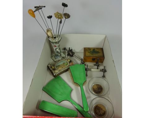 Pair of small Robin Hood's Bay dishes, Scarborough souvenir box & a Whitby box, green enamel brush set, enamel atomizer top, 