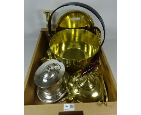 Silver plated biscuit barrel, brass jam pan, brass skimmer, brass inkwell, candle stick, owl vesta stand and other brassware 