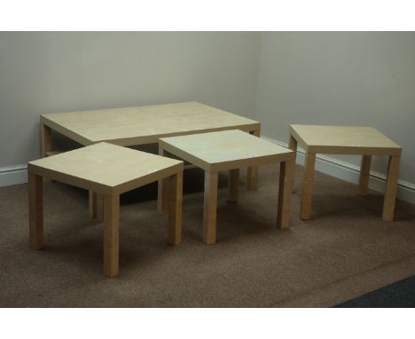 Light wood rectangular coffee table (118cm x 79cm) and three matching lamp tables (4)   Condition Report   Click here for fur