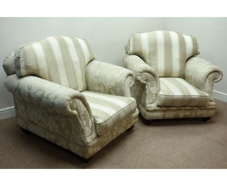 Three seat sofa (W210cm), and pair matching armchairs (W115cm), upholstered in floral patterned fabric with striped cushions 