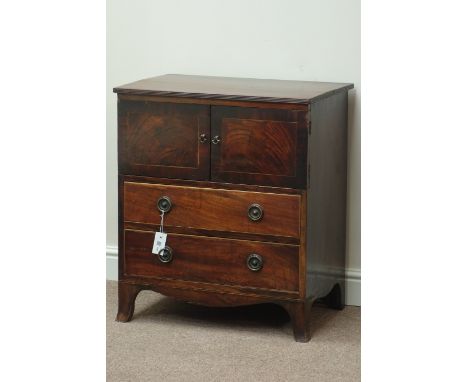 George III mahogany bedside night cabinet, enclosed by two figured mahogany doors, above two drawers, splayed bracket feet, W