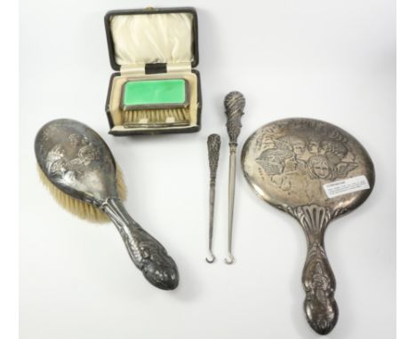 Edwardian silver backed cherub hair brush and mirror Bimingham 1907, silver & green enamel brush and comb set boxed, two butt