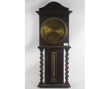 Early 20th century oak cased barley twist aneroid barometer with mercury thermometer, H73cm CLOCKS & BAROMETERS - as we are n