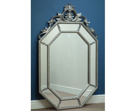 Ornate silver cushion framed mirror, bevelled glass, 90cm x 143cm