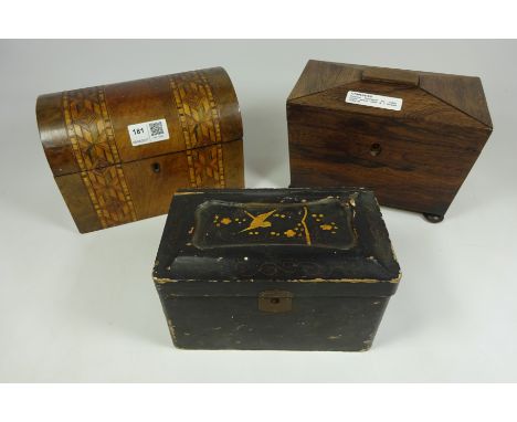 Victorian Rosewood tea caddy, similar walnut caddy and a lacquer caddy (3)   Condition Report   Click here for further images