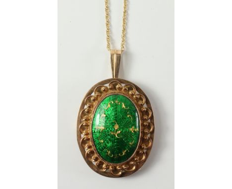 Continental green enamel and gold pendant necklace indistinct marks and 9ct import hallmarks maker's mark BLS approx. 19.2gm 