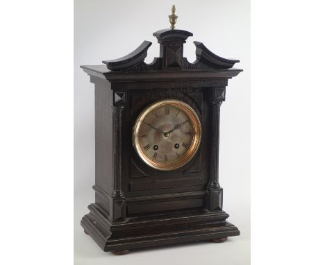 Early 20th century architectural oak cased mantle clock, movement stamped 'Lenzkirch', H48cm CLOCKS & BAROMETERS - as we are 