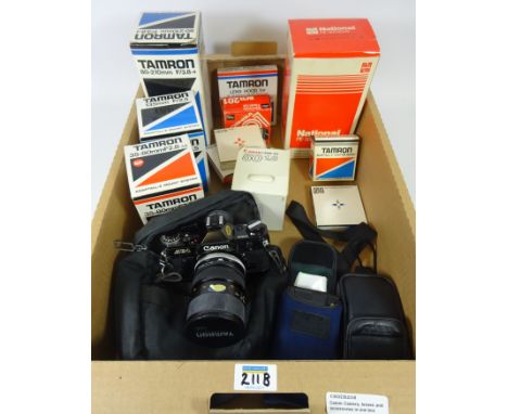 Canon AE-1 SLR Camera with Tamron 35-80mm lens, Tamron 80-210mm lens, boxed, Tamron 135mm F/2.5 lens another lens and camera 